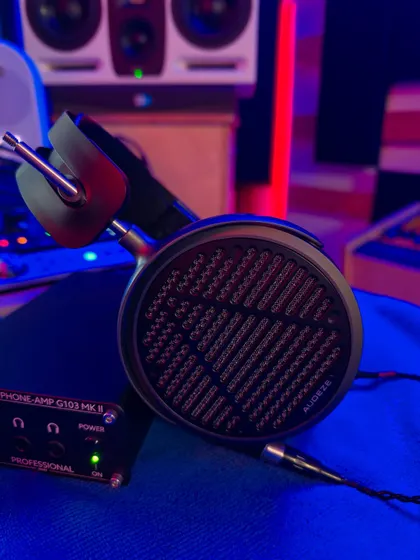 Another angle on the Audeze MM-500. These are not hi-fi headphones; they are a professional tool. Their planar magnetic drivers provide incredible detail and transient response, letting me hear every nuance in a mix.