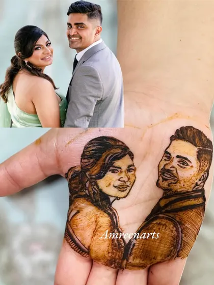 A comparison showing the original photo next to my henna art, demonstrating my ability to capture likenesses.
