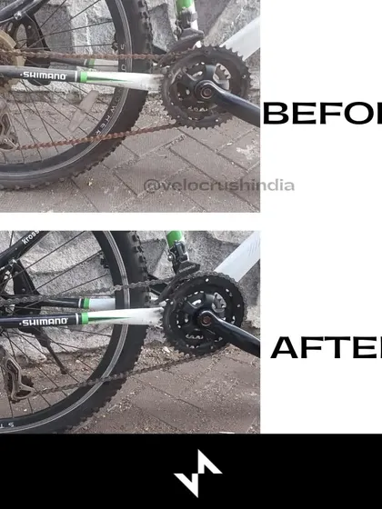 This Kross MTB was sent to us covered in dust and rust. The 'before' shot shows a neglected drivetrain, while the 'after' reveals a fully serviced and lubricated system with a new chain.