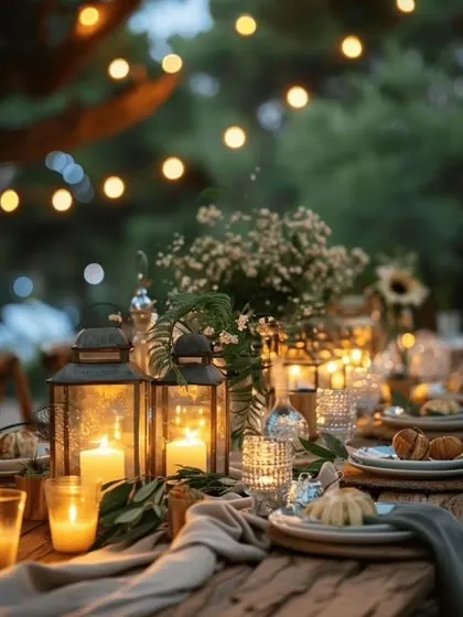 A close-up of a rustic tablescape with lanterns and candles. The focus on warm, natural lighting is key to creating an intimate and cozy ambiance.