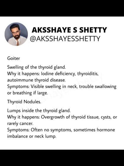Goiter is a visible swelling of the thyroid gland, often caused by iodine deficiency or autoimmune disease. Thyroid nodules are lumps inside the gland that are usually harmless but should be checked by a doctor.
