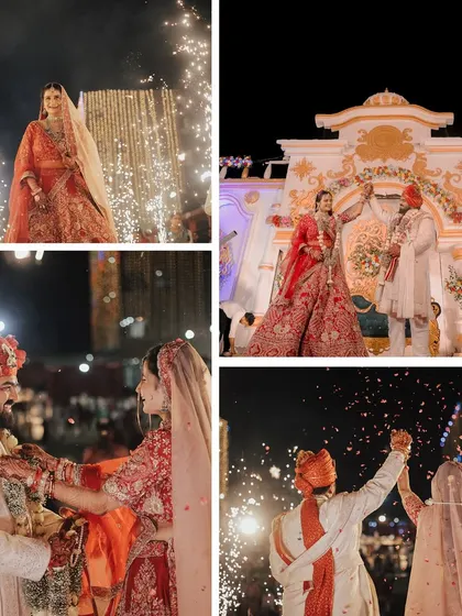 We capture the wedding ceremony from multiple angles to tell a complete story. This collage includes the bride's entry, the Varmala exchange, and the couple's triumphant moment together, all set against a backdrop of fireworks.