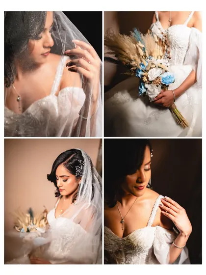 A quad of beautiful bridal portraits. This collage shows close-ups of the bride's face, her unique bouquet, and details of her dress and veil.