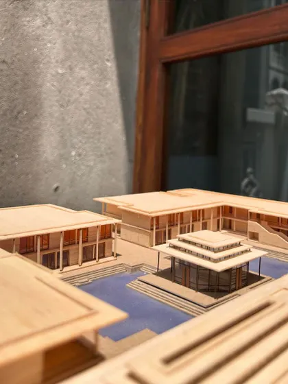 A detailed wooden model exploring the scale of a courtyard and a floating pavilion inspired by the 'kunds' or temple tanks of Hampi. Models help us and our clients visualize the space three-dimensionally.