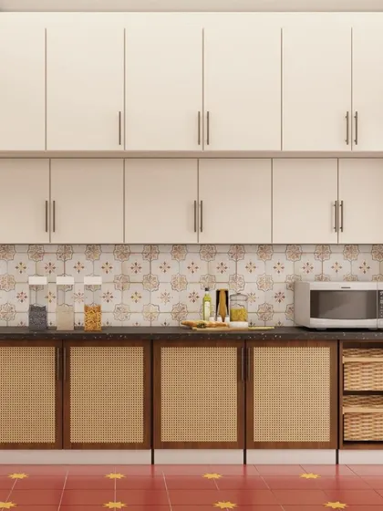 Another angle of the traditional kitchen, showing the combination of rattan base cabinets and simple white overhead cabinets. This mix of materials adds texture and keeps the space from feeling too heavy.