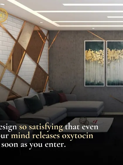 This is a design that feels deeply satisfying. The combination of textured walls, metallic accents, and plush seating creates a living space that soothes the mind and welcomes you in.