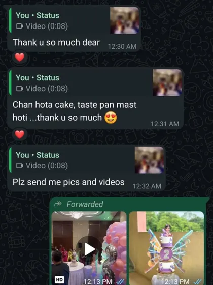 More wonderful WhatsApp feedback for our butterfly cake, with the client saying "Chan hota cake, taste pan mast hoti" (The cake was nice, the taste was also great).