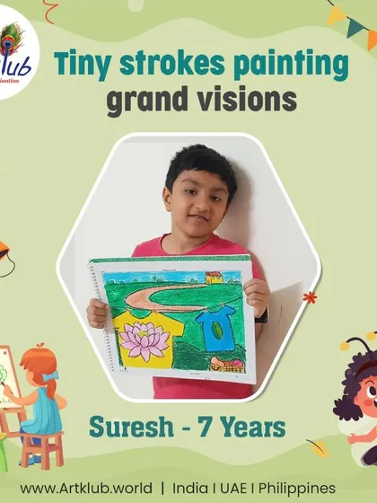 Seven-year-old Suresh uses tiny strokes to paint a grand vision of clothes drying on a line.
