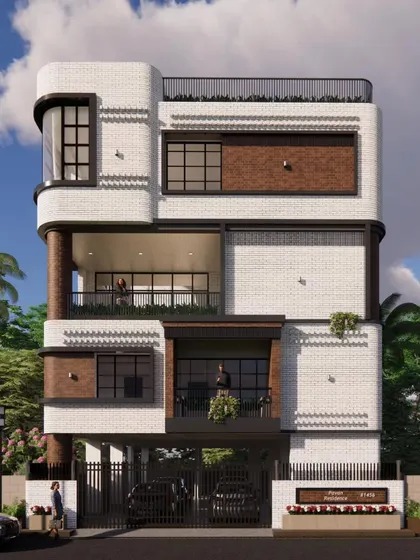 The front elevation of the villa, highlighting the recessed balconies and the contrast between the white painted brick and the exposed red brick sections.