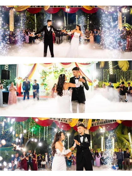 A collage of the couple's first dance, surrounded by sparklers and fog. These images capture the romance and grandeur of the moment.