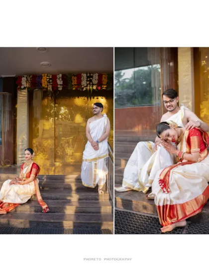 A collage showing the couple in both posed and candid moments on the steps of their wedding venue.