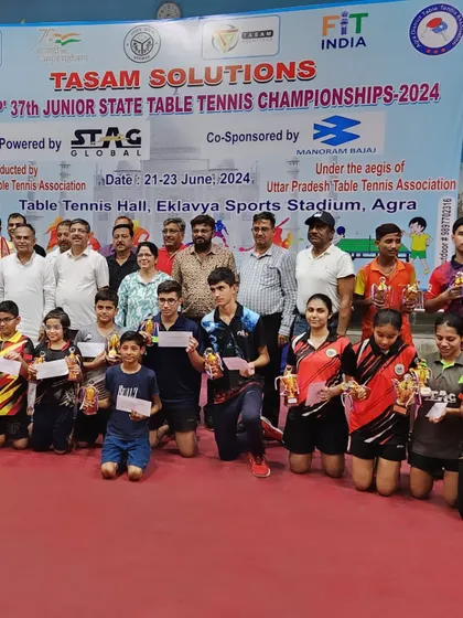 A group photo of all the winners at the UP CUP 37th Junior State Table Tennis Championships in Agra, where our player reached the semifinals.
