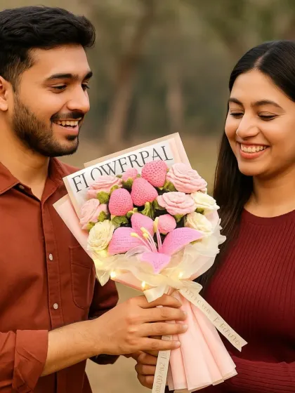 In a world of hustle, take a moment to share the simple beauty of a handmade flower. Here's a beautiful moment captured with our strawberry and lily crochet bouquet with LED lights.