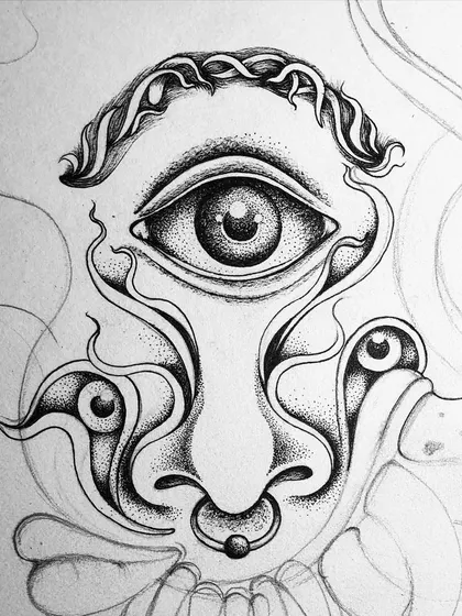 The beginning of a surreal self-portrait in my sketchbook. I started with the central cyclops eye and built the abstract face around it.