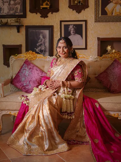 A happy portrait of the mother-to-be. We designed her floral jewellery to be comfortable and lightweight, perfect for enjoying the long day of celebrations.