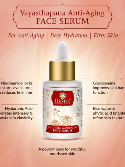 My Vayasthapana Anti-Aging Face Serum is a powerhouse for youthful, nourished skin. It locks in moisture with Hyaluronic Acid and Niacinamide while improving the skin barrier with Glucosamine and Rice Water.