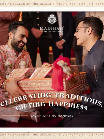 Celebrating traditions, gifting happiness. My Sagan Gifting Hampers are crafted to express your love and celebrate cherished moments, as shown in this beautiful, candid moment of giving.