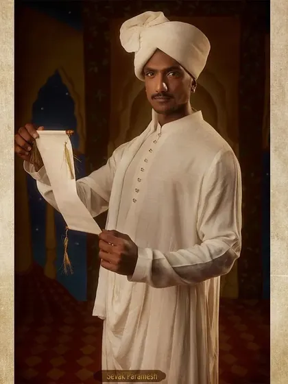 Styling for Sevak Paramesh, the royal attendant. His simple white attire and turban denote his role in the court, while the scroll he holds acts as a key narrative prop.