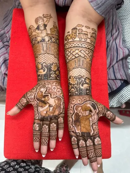 A detailed look at the full arm designs for a Mundan ceremony, featuring multiple personalized portraits and motifs that celebrate the family's journey.