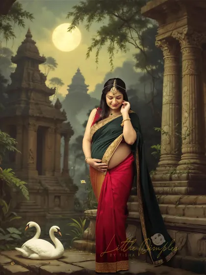 A magical night-time scene created for this traditional saree portrait. The full moon and swan elements add a touch of fairytale wonder.