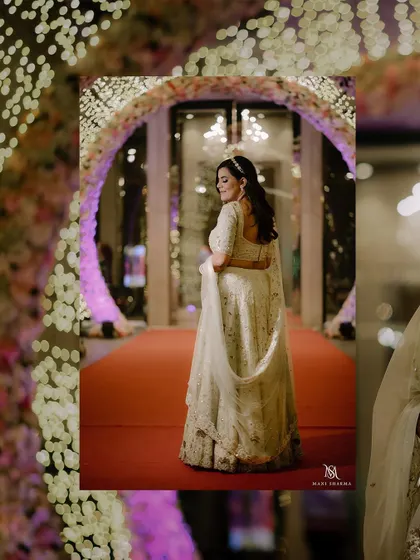 A collage of portraits from Malvika's engagement, showing her elegant white lehenga.