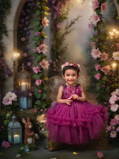Welcome to our fairyland. This enchanting setup with glowing lanterns and lush flowers is the perfect backdrop for a magical fairy portrait.