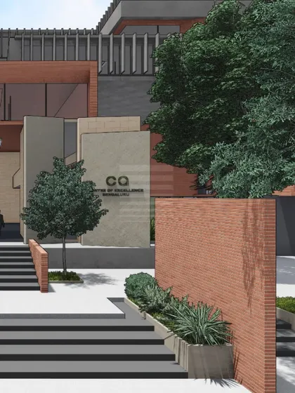 A detail of the entrance sequence for the proposed institutional building. The design uses a series of stepped platforms and low brick walls to create a welcoming and clearly defined point of entry, guiding visitors into the space.