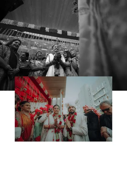 An artistic collage blending black and white with color to capture the emotions of the wedding day, from the cheering crowd to the couple's first moments together.