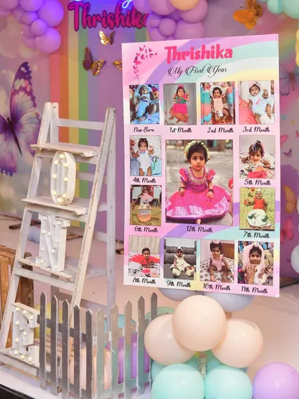 A milestone board is a wonderful way to showcase your baby's first year. This one, for a butterfly-themed party, displays photos from each month in a beautiful, personalized design.