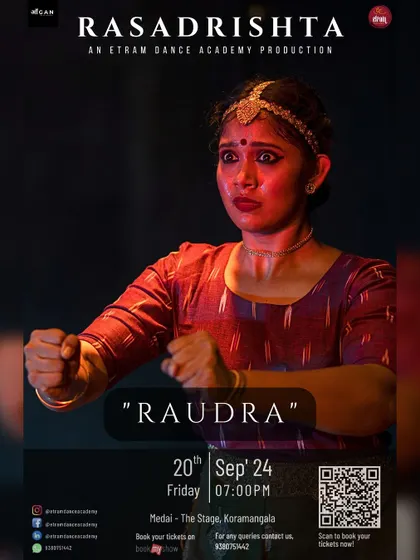 This poster for 'Rasadrishta' captures 'Raudra', the emotion of anger. Our dancers use powerful expressions and movements to convey the intensity of this rasa.