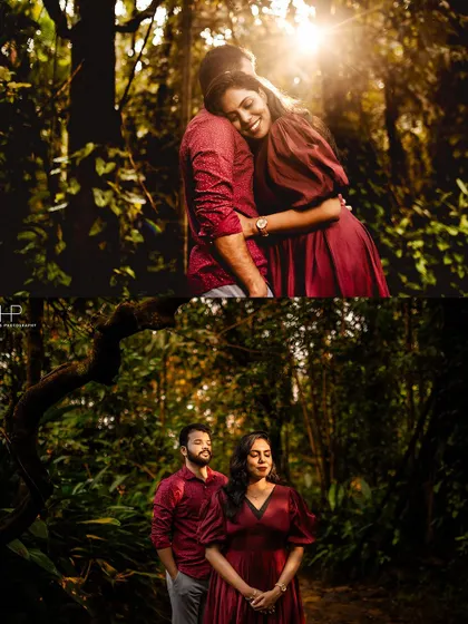 A romantic collage of a couple in a forest at sunset. The warm backlighting creates a beautiful halo effect, perfect for capturing intimate embraces and classic portraits.
