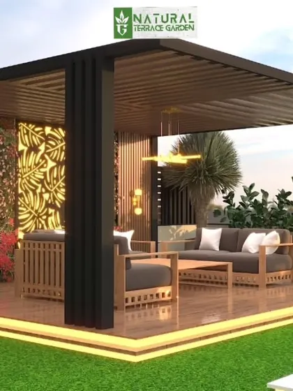 A 3D render of a wooden pergola on a raised deck. The design is enhanced by a backlit decorative panel and a vertical garden wall with red flowers, creating a vibrant backdrop.