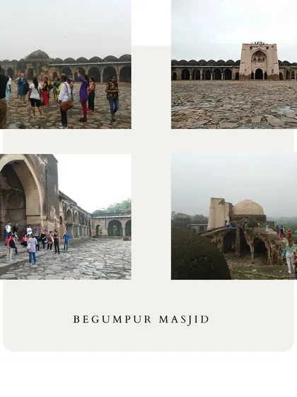 A collage showing the impressive scale of Begumpur Masjid, the grand congregational mosque of Jahanpanah. Its massive courtyard and numerous domes speak to the city's intended splendor.