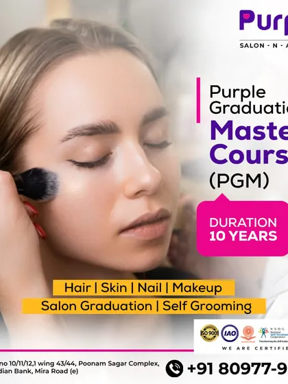 Our 10-month Purple Graduation Master Course is your all-in-one solution to becoming a beauty industry expert. This certified program covers Hair, Skin, Nail, Makeup, and the business skills needed for a successful salon career.