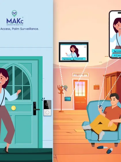 This illustration explains our remote access system perfectly. A visitor rings the bell, and you can see and unlock the door from your phone, whether you're on the couch or across the world.