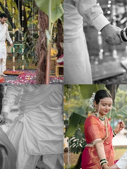 A collage focusing on the couple holding hands throughout their wedding day. This simple act, captured in different moments, symbolizes their new journey together.