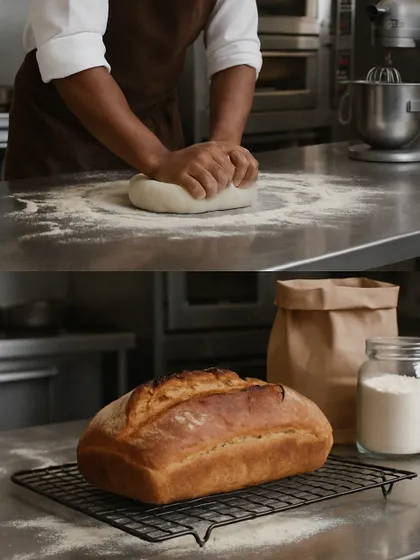 A loaf and dough-shaping scene share this catalogue design for the breads we offer to café partners.