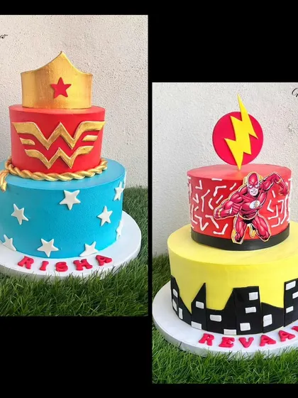 Another collage featuring our Wonder Woman and Flash two-tier cakes.