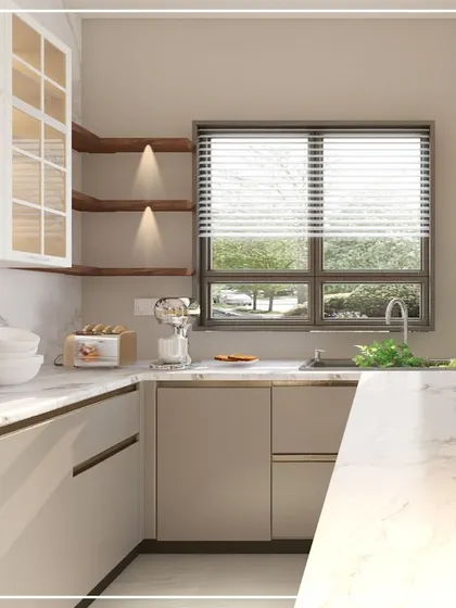 This 3D render showcases a kitchen with a window above the sink, providing natural light and a pleasant view. The design balances white upper cabinets with warm wooden shelves.