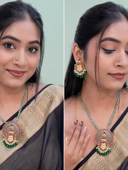 A beautiful shot showcasing a traditional Yakshagana-themed jewelry set. The makeup is kept simple to let the intricate jewelry stand out.
