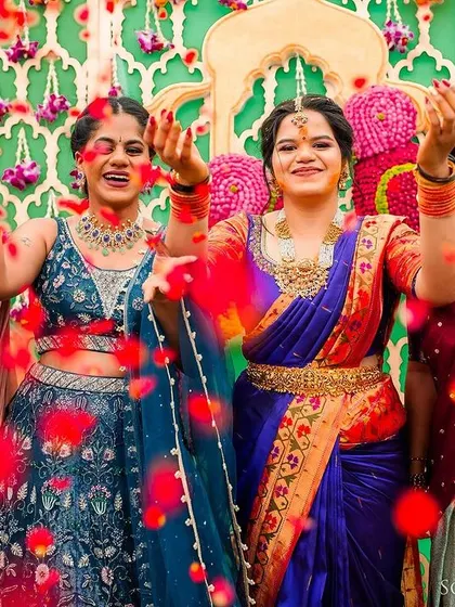 The bride and her squad showering petals, a perfect picture of friendship and celebration.