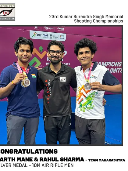 Parth Mane and Rahul Sharma with their coach, celebrating a silver medal win for Team Maharashtra at the KSS Shooting Championships.
