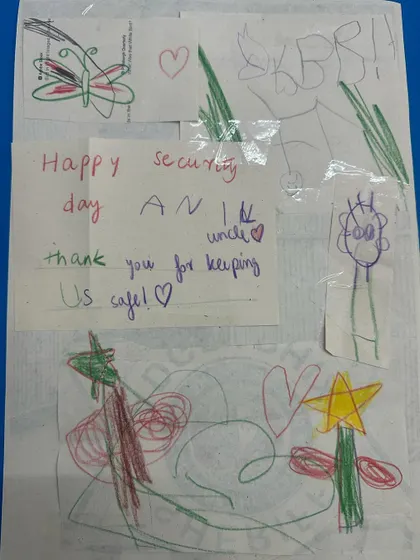A handmade card from our kindergarteners for our security uncle. These small acts of gratitude help children recognize and appreciate the important roles people play in their community.