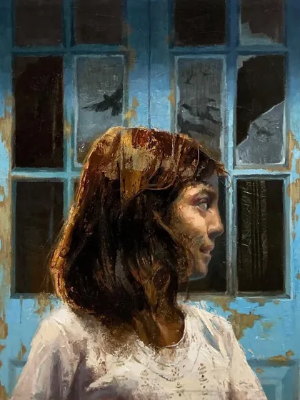 Liberation," an oil on linen painting. The girl looking towards a window with flying birds symbolizes the yearning for freedom and hope, even when constrained by circumstance.