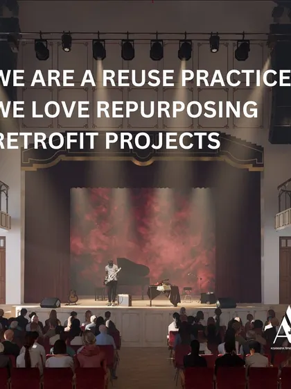 This image, combining a render of the finished theatre with our core philosophy, emphasizes that we are a reuse practice. Retrofit projects are our passion, allowing us to blend good design with solid engineering and innovation.