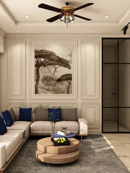 A wider view of the living room, illustrating how the L-shaped sofa optimizes seating and how the glass partition subtly separates the space without sacrificing the open feel.