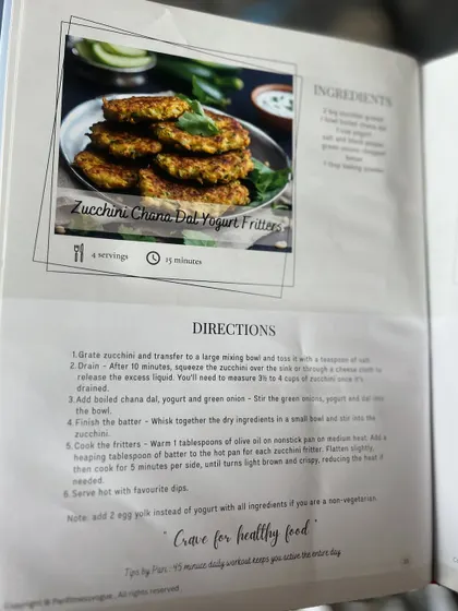 Here is the actual recipe for Zucchini Chana Dal Yogurt Fritters from my book, 'Curve and Crave'. I believe in sharing my recipes so everyone can enjoy healthy cooking.