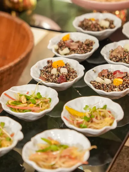 A display of our quinoa and som tam salads, served in individual portions. These healthy, vibrant, and flavourful small plates are perfect for corporate lunches and wellness-focused events.