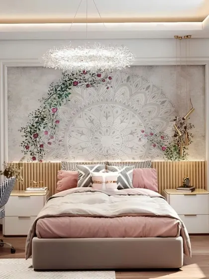 A soft and feminine bedroom design featuring a beautiful floral mandala mural. The integrated headboard lighting and dedicated study corner make this room both pretty and practical.