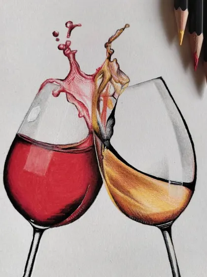 A finished colored pencil drawing of two clinking wine glasses, one with red wine and one with white. I focused on capturing the transparency of the glass and the dynamic splash.